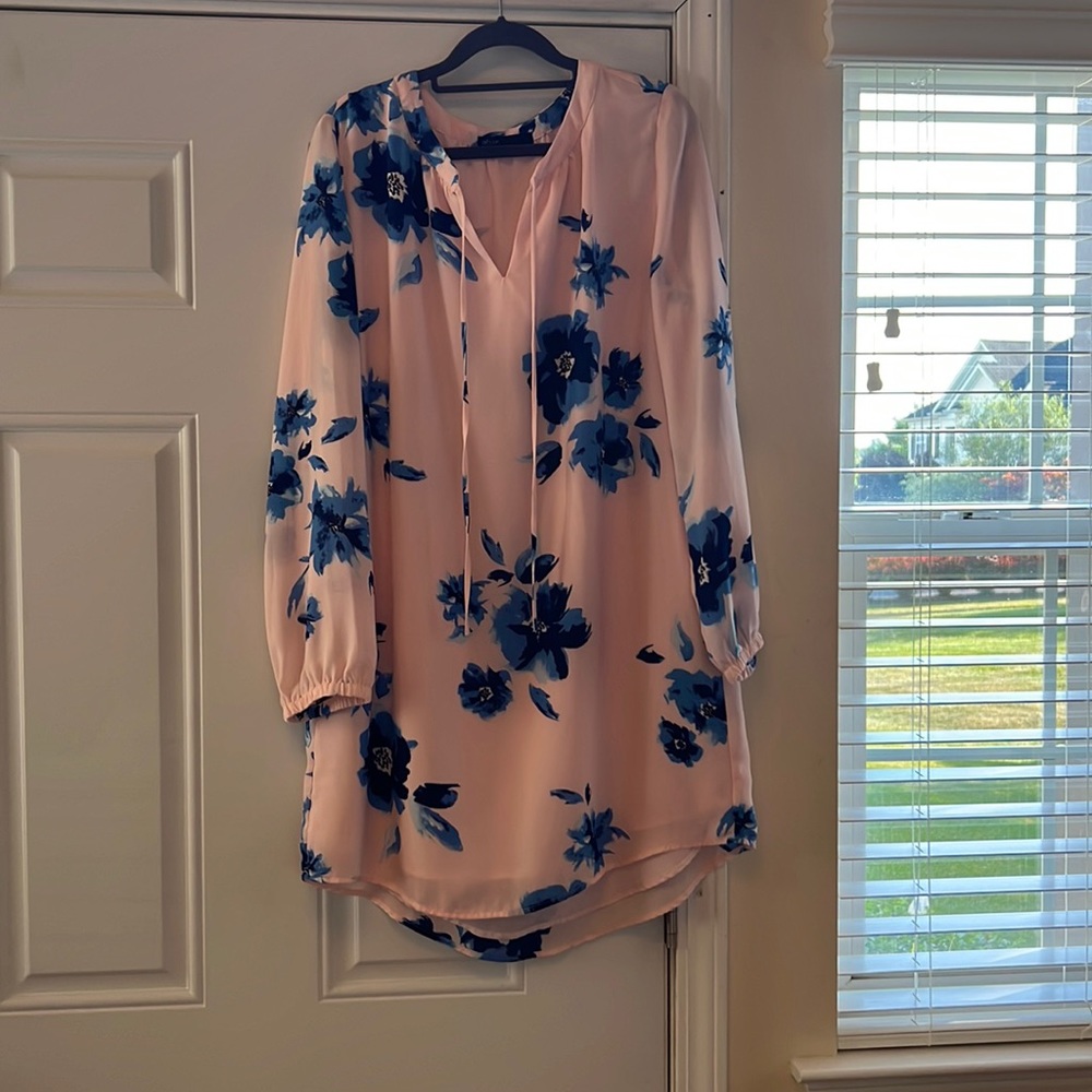 NEVER WORN! Beautiful pink dress with blue flowers. 100% Polyester!
